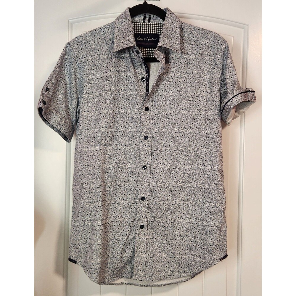 Robert Graham Mens Small Blue Floral Tailored Fit Short Sleeve Button Up